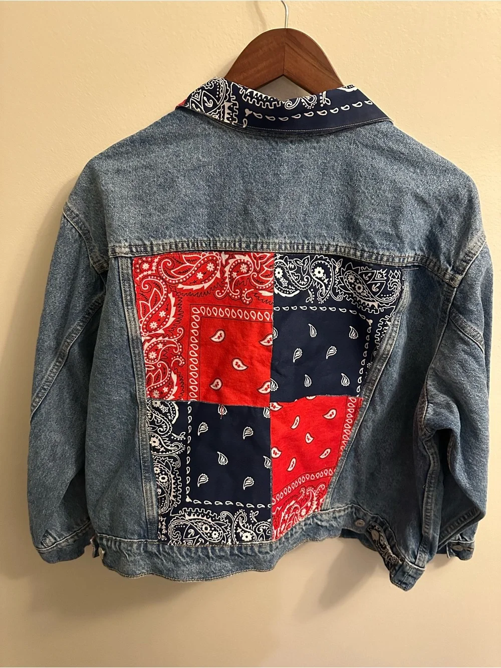 Old Navy Blue Denim Jacket with Red & Black Bandana Trim